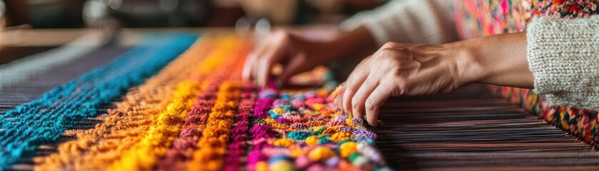 Fototapeta premium Person weaving a colorful tapestry on a loom, showcasing the art of textile creation