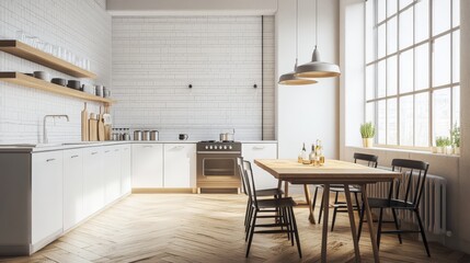 loft kitchen interior with wooden floor