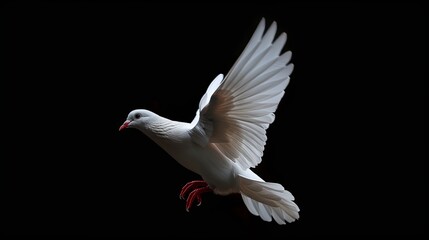 Obraz premium White dove with red feet flying in mid air against a black background.
