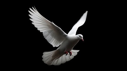 Fototapeta premium A white dove in flight against a black background.