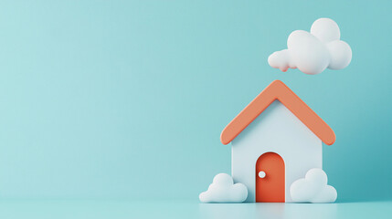 A charming 3D illustration of a playful house design with clouds on a soft blue background, perfect for children's themes.