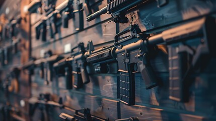 Assault rifles for sale like the AR 15 and AR 10 hanging on the wall