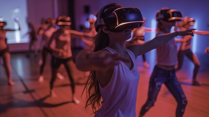 Fototapeta premium VR Fitness Class, Young Woman Exercising in Virtual Reality