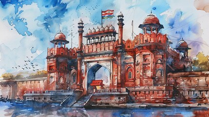 Obraz premium Watercolor Painting of the Red Fort in Delhi, India