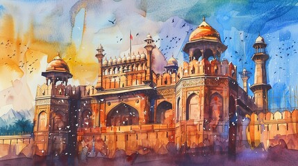 Watercolor Painting of the Red Fort in Delhi, India