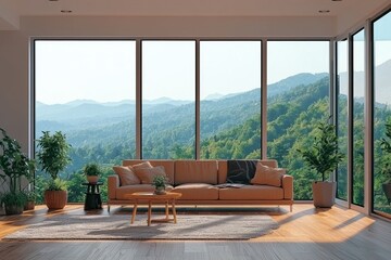 Modern living room with large windows showcasing serene mountain views and stylish furniture, creating a calm and inviting atmosphere.