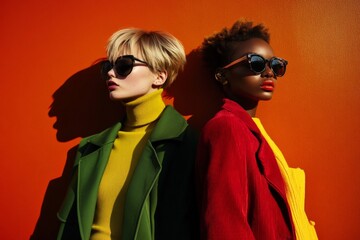 Stylish European models in contemporary fashion, editorial photography, bold colors, confident poses, sleek and modern aesthetic