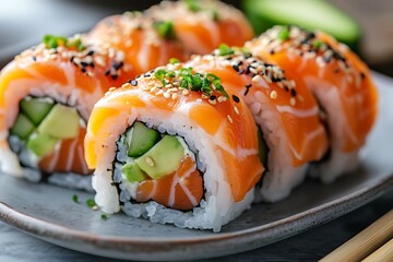 Closeup of Salmon Sushi Rolls with Avocado and Cucumber - Food Photography