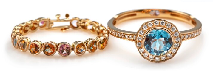 Gold ring set with topaz and diamond stones alongside a bracelet featuring topaz and diamonds, includes clipping path.