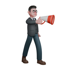 3D Male Teacher in Schoo. A man walking while holding a loudspeaker appears to be talking while walking. Cartoon Illustration
