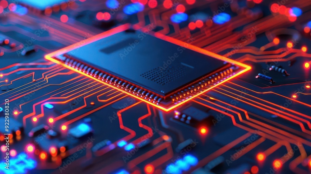 Poster close-up of a microchip on a circuit board with glowing connections, showcasing advanced technology 