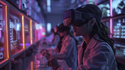 Woman in VR Headset, Science Lab, Futuristic Research