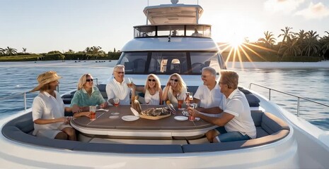 A family enjoys a luxurious holiday on a private yacht, dining together at sunset. The sea breeze, gourmet cuisine, and laughter create an atmosphere of happiness and togetherness - Powered by Adobe