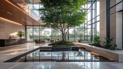 Corporate lobby with a large indoor tree, natural stone flooring, and water features, illustrating the welcoming and restorative qualities of biophilic design in commercial spaces