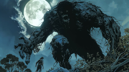 Giant Shadowy Monster Looming Over a Lone Figure Under a Full Moon, Dark Gothic Horror Halloween Illustration