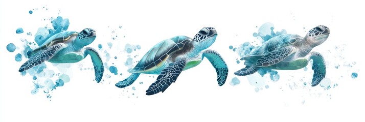 Fototapeta premium Tranquil Watercolor Sea Turtles Swimming Gracefully - Marine Life Artistic Design, generative Ai
