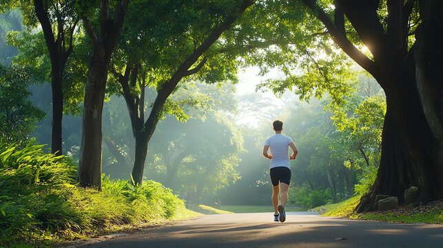 A serene scene of a jogger running through a sunlit park surrounded by lush trees and tranquil nature.