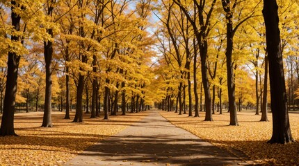 Golden leaves falling on serene park path 