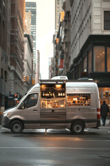  Mobile coffee shop van serving to-go coffee on bustling city streets