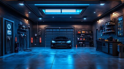 Modern Garage Interior with Black Electric Car and Charging Station 3D Illustration