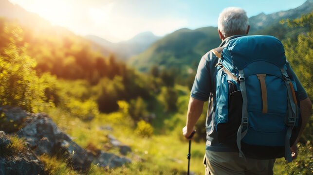 An elderly man hiking through a scenic landscape with a backpack, surrounded by lush greenery and mountains in the background.