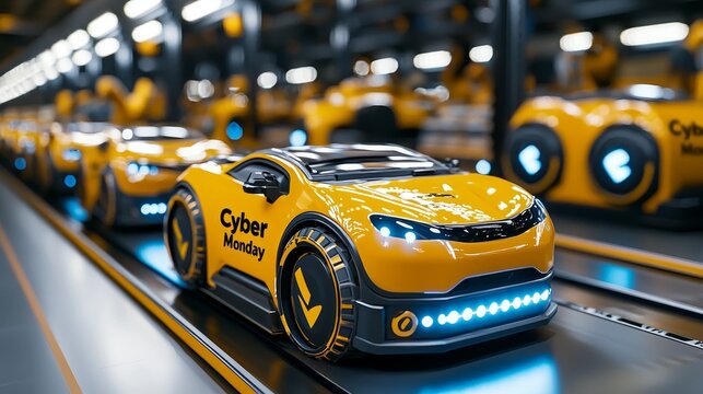 A bustling e-commerce warehouse with robots organizing items for "Cyber Monday" shipping.