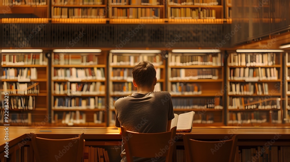 Poster man reading in a library.