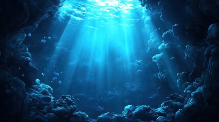 Obraz premium Mystical Watercolor Underwater Cave Illuminated by Mysterious Light - Perfect for Marine Exploration and Unique Decor, generative Ai
