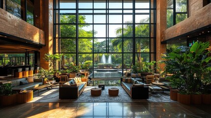Hotel lobby with large glass windows framing a lush outdoor landscape