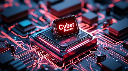 A retro-futuristic scene of a 1980s-style computer offering "Cyber Monday" deals in a digital grid.