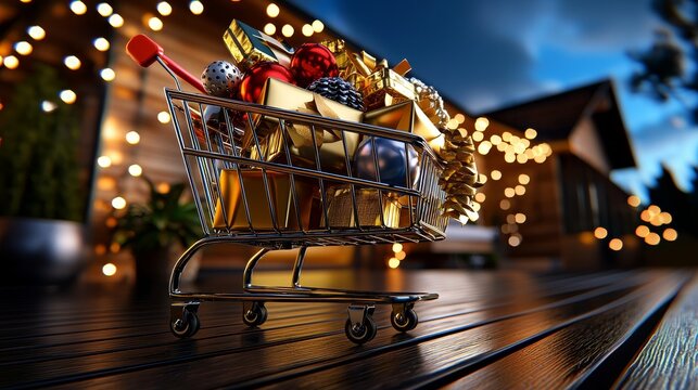 A realistic photo of an online shopping cart filled with discounted items, set against a cozy home backdrop.