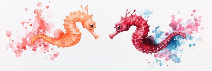 Obraz premium Enchanting Watercolor Seahorse Couple: Romantic Marine Love Decor, generative Ai
