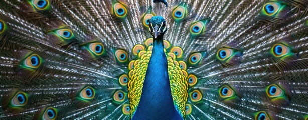 Obraz premium Close up of majestic peacock displaying colorful tail feathers in natural beauty surroundings