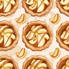 Seamless pattern of caramel apple pies with gooey caramel drizzles and tender apple slices