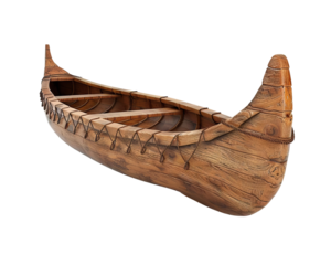 A beautifully crafted wooden canoe showcasing intricate details and traditional design, perfect for nature and adventure themes.