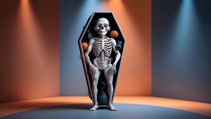 Three-dimensional representation of a coffin with a complete skeleton inside. The coffin is decorated with Halloween accessories and is presented in an upright position.