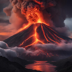 An erupting volcano, with molten lava flowing down its sides, ash clouds rising into the sky, and the surrounding area glowing with fiery light. AI generated.