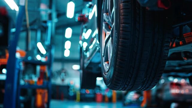 changing car wheel in auto repair shop, take care of and change tires