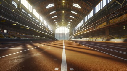 Fototapeta premium Indoor Track & Field, Sunlit Running Track, Sports Stadium