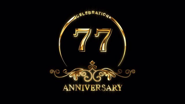 77th Anniversary Celebration. Happy 77 Years Anniversary Animation in Gold Color on the Transparent Background, Alpha Channel. Great for greetings, celebrations, events, and gifts.