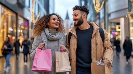 Fototapeta premium Joyful couple shopping outdoors, carrying colorful bags, enjoying a vibrant day in the city lights. autumn scene concept.