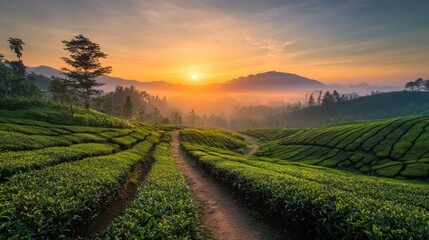 Sunrise Over Lush Green Tea Plantation