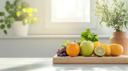 Fresh fruits arranged on a wooden board in a bright kitchen setting, capturing the essence of healthy living and vibrant colors.