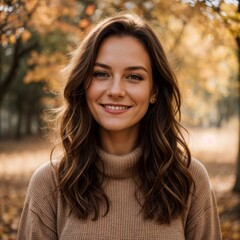 Fototapeta premium Grinning woman wearing cozy sweater with fall leaves 