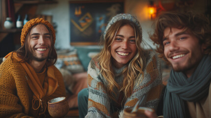 Obraz premium Group of friends sharing and drinking yerba mate tea at home.