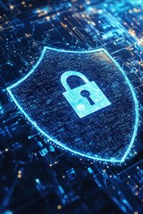 A padlock icon surrounded by a digital shield, with a background of encrypted data streams in various shades of blue