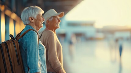 Obraz premium Happy seniors enjoying life together at the airport, looking forward to their next adventure in a warm sunset atmosphere.