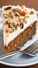 Moist carrot cake with chopped nuts on a plate topped with creamy frosting and a fork nearby.