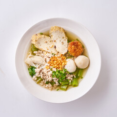 Fish ball noodles with morning glory