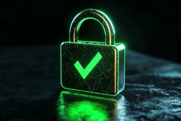 Fototapeta premium A padlock icon with a glowing green checkmark, symbolizing successful cybersecurity verification 